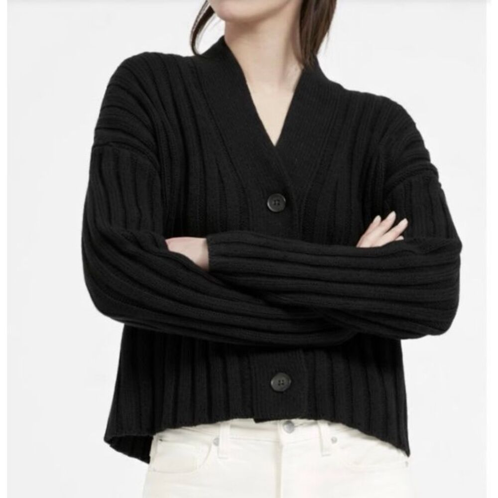 Everlane the wool-cashmere ribbed cardigan black size xs